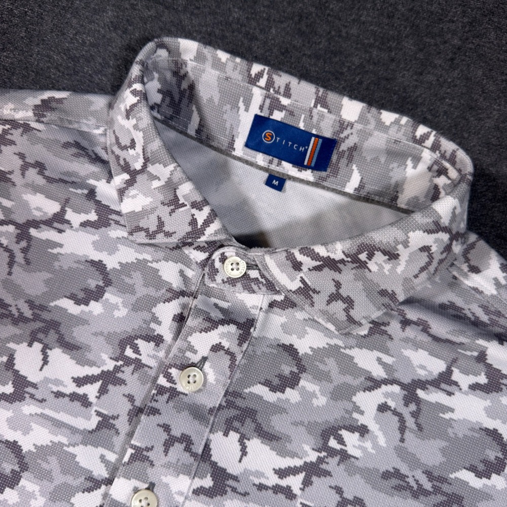 Stitch Golf Polo Shirt Mens M Gray Camo Performance Short Sleeve Preppy Wicking